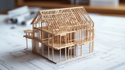 Wooden Frame House Model on Blueprints