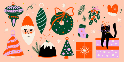 Christmas vector flat cartoon illustration set, winter holiday decorations design elements, festive ornament, xmas bauble, mistletoe, Santa Claus, wreath, gift, toys, retro groovy sticker collection