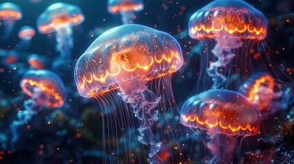 A mesmerizing underwater scene with glowing orange jellyfish, a vibrant blue background, and sparkling particles.