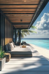 Fototapeta premium Relaxing beachside view featuring a modern lounge, clear blue water, and tropical palms under a picturesque sky.