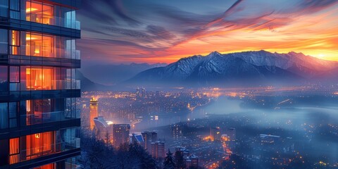 Fototapeta premium Cityscape with Mountain View at Sunset
