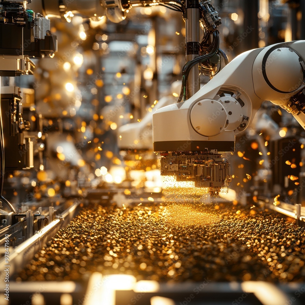 Poster robotic arms working in a futuristic factory with golden lights, showcasing advanced automation tech