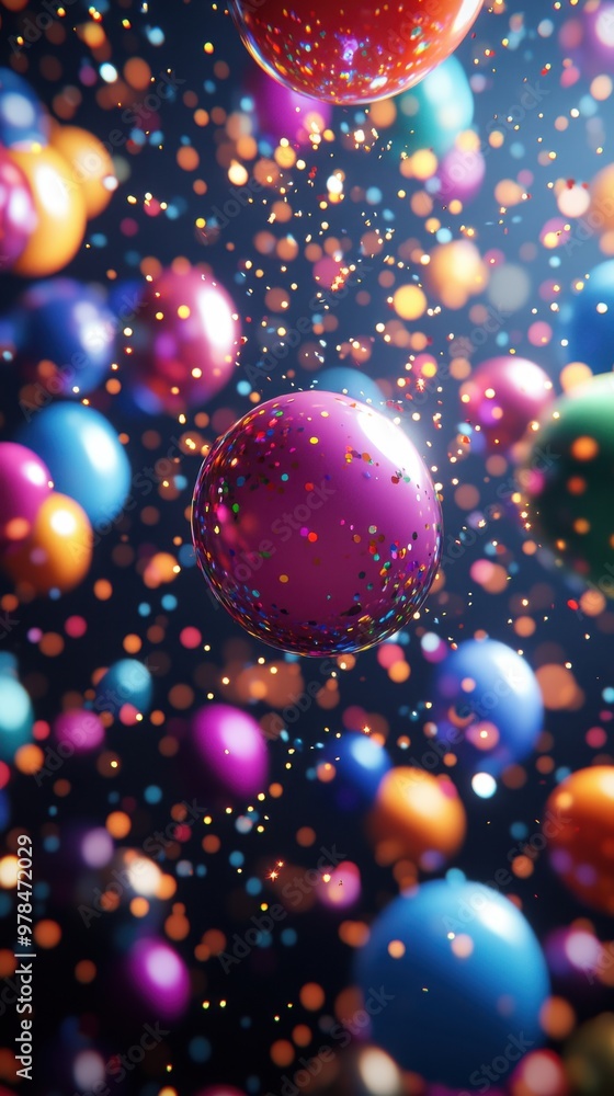 Poster vibrant, multicolored spheres floating in mid-air surrounded by sparkling particles, creating a mesm