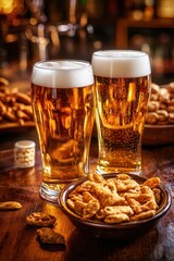 Two glasses of golden beer beside a bowl of crunchy snacks, perfect for a relaxed evening or social gathering.