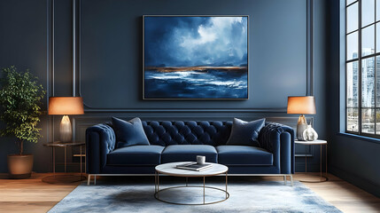 Blue and Brown Abstract Painting in Living Room Decor
