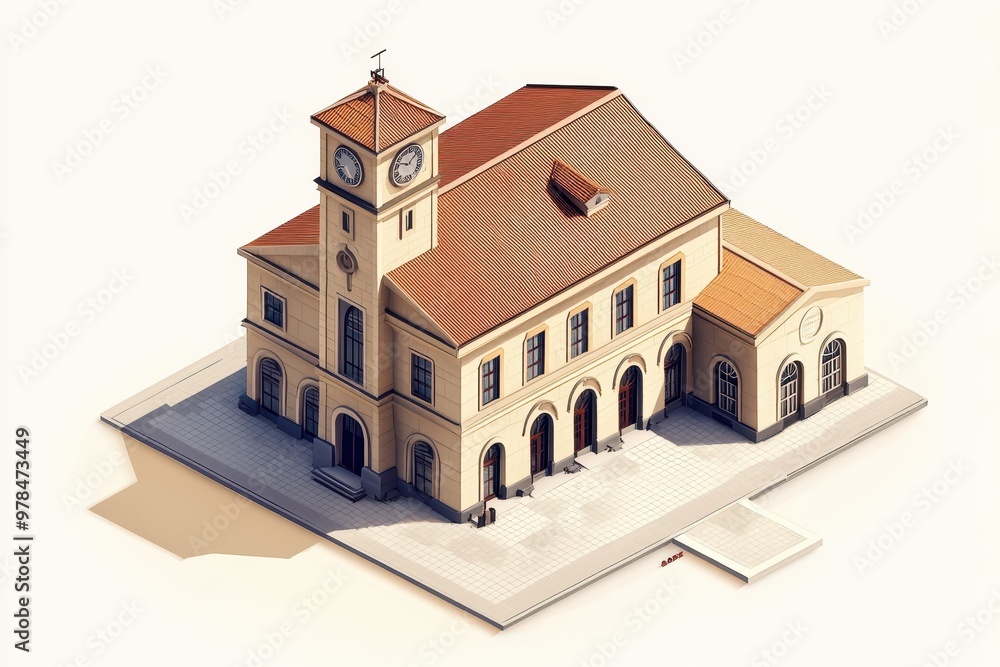 Poster a detailed architectural rendering of a historic building with a clock tower.