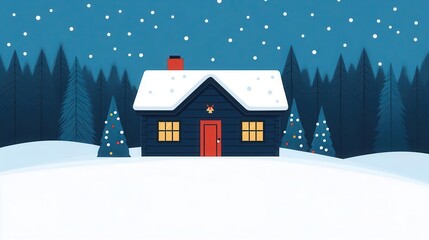 Fototapeta premium Christmas Eve in the countryside, snow-covered cabin with lights, flat design illustration