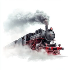 Naklejka premium A steam train with red and black wheels is traveling down the tracks