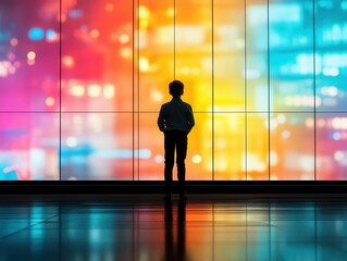 Fototapeta premium A child gazes in awe at a vibrant, colorful display of lights, capturing a moment of wonder and curiosity.