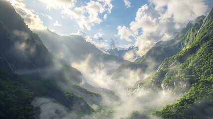 A serene mountain valley blanketed in heavy mist, with clouds hovering above, diffusing the sunlight and casting a soft, ethereal glow over the scene.