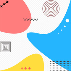This vector illustration features an abstract background composed of overlapping geometric shapes, including circles, squares, crosses, and freeform elements.