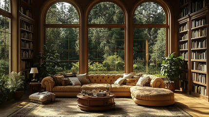 Relaxing Library with Large Windows Overlooking a Lush Garden