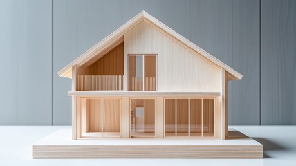 A detailed wooden model of a house showcasing modern architecture and design, perfect for interior design concepts.