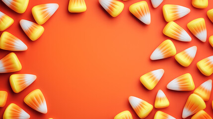 A vibrant arrangement of colorful corn candies on a bright orange background, perfect for Halloween-themed projects and creative designs with plenty of space for text