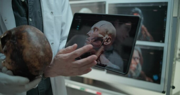 Scientists study anatomy of fossil skull using tablet computer with created 3D model of Neanderthals, work in archaeological laboratory. Board with printed images of ancient humans in the background.