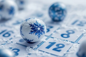 bingo cards, with christmas balls and artificial snow. bingo month.