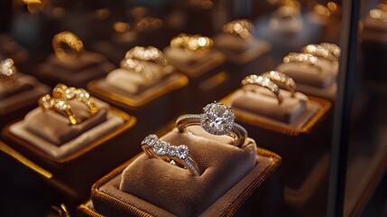 Close-up of diamond rings in a luxurious retail store window, beautifully arranged on velvet cushions under glowing lighting.
