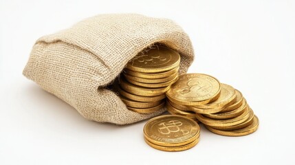 Close-up of gold coins stacked neatly beside an open treasure sack, sitting on a white background. The coins gleam, symbolizing prosperity.