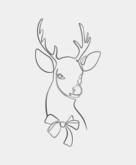 A simple one-line drawing of a Christmas deer with antlers, adorned with a decorative bow, showcasing a minimalist style.
