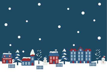 寒中見舞いはがき、かわいい、イラスト、街並み、冬、雪、横、夜