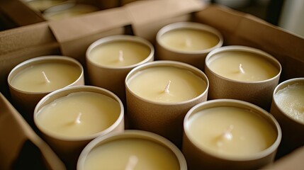 Close-up of handmade soy wax candles in eco-friendly packaging, highlighting the natural ingredients and sustainable production process.