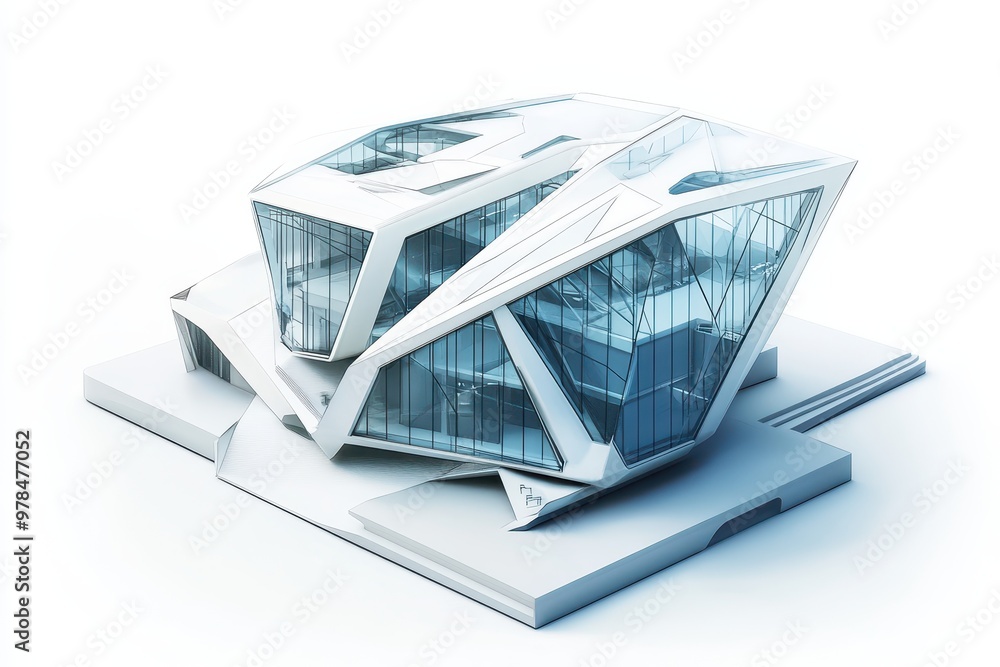 Poster a futuristic architectural design featuring a complex geometric structure with glass elements.