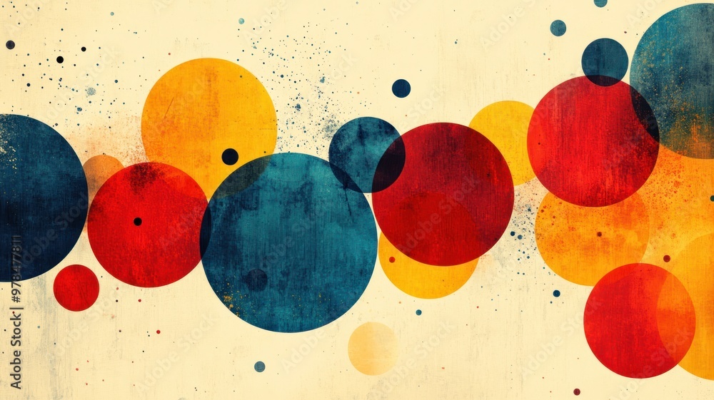 Poster abstract design featuring colorful circles on a textured background.