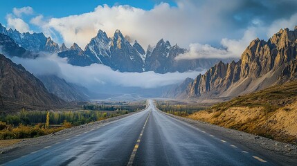 Naklejka premium Cloud-covered Passu Cones stand tall as the Karakoram Highway winds through the peaceful Hunza Valley, with the road stretching into the distance.