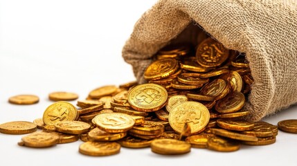 Coins spilling from a treasure sack and stacked in piles on a white background. Bright reflections on the gold emphasize luxury and fortune.