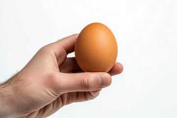 someone holding a small egg in their hand against a white background.