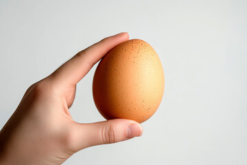 someone holding a small egg in their hand against a white background.