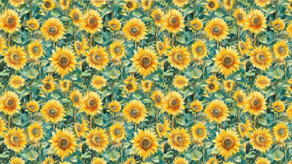 Colorful Sunflower field watercolour pattern on sheet paper