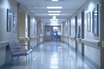 A hospital corridor with a bench and blurred figures in the background.