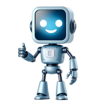 cute friendly robot isolated on transparent background 3d character showing thumbs up, gesture of approval