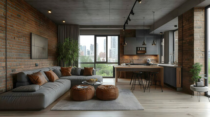 Modern Loft Apartment Design with Exposed Brick Walls and City Views