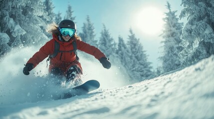 Dynamic image of a female snowboarder in a helmet and mask descending a snowy slope, with tall trees covered in snow creating a beautiful winter backdrop.
