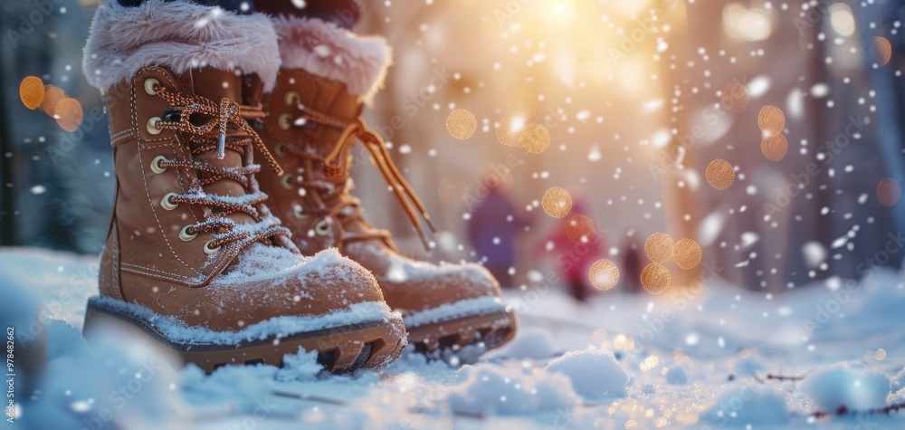 Wall mural Close-up of winter boots in the snow, capturing the warmth and coziness of a snowy day with a festive background.