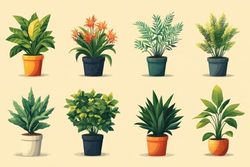 Illustration of Eight Different Potted Plants with Green Leaves