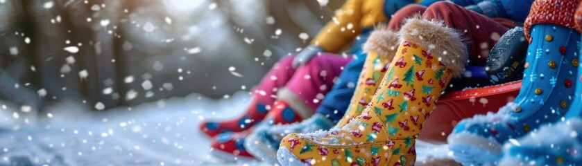 Children in colorful winter boots enjoying snow outdoors. Close-up of legs in snow-covered scene, capturing the joy of a snowy day.