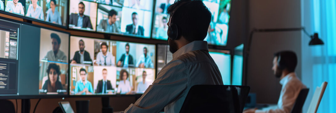 Businessman Managing Multiple Virtual Meetings on Video Wall in Modern Office - Powered by Adobe