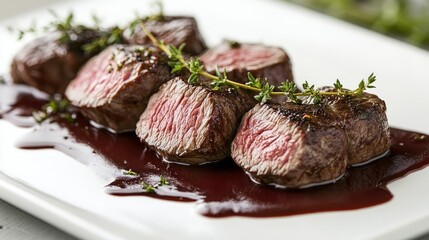 Elegant gourmet presentation of tender beef medallions on a white plate, drizzled with a red wine reduction and garnished with fresh herbs, on a clean, neutral backdrop.