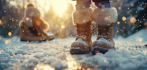 Close-up of winter boots with snow in a scenic outdoor setting, with beautiful bokeh lights and a person distant in the background.