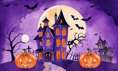 Artificial Intelligence. Creepy House Decorated For Halloween On Purple Background. 