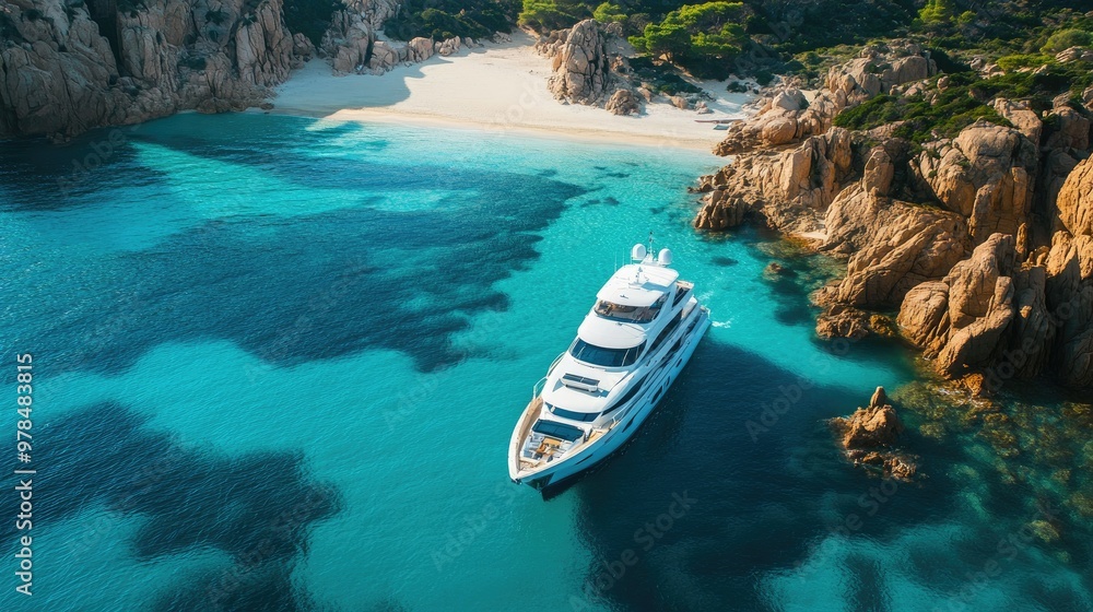 Wall mural Elegant white yacht anchored near Sardiniaaes famous Cala Luna beach, with pristine waters and dramatic rock formations surrounding it