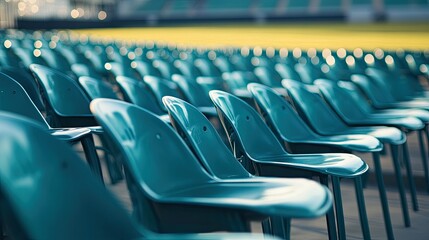 Fototapeta premium Empty rows of plastic stadium chairs in an outdoor sports arena, ready to host fans for a football match or concert.