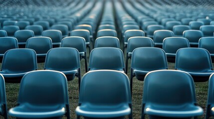 Obraz premium Empty rows of plastic stadium chairs in an outdoor sports arena, ready to host fans for a football match or concert.