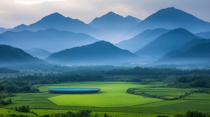 A peaceful landscape of a rural stadium nestled between mountains, with the field glowing in early morning light, rural stadium, mountains, morning light