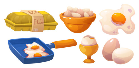Chicken egg cartoon vector set - whole raw or cooked in bowl, on cup holder with broken shell, frying on pan and ready to eat, in carton box. Farm bird protein food product ingredient for breakfast.