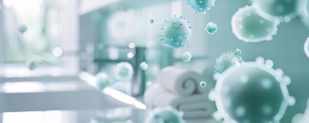 Detailed depiction of bacteria colonies on a bathroom countertop, emphasizing the importance of cleanliness to prevent the spread of germs.