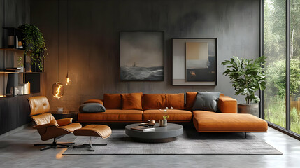 Modern Living Room Design with Orange Leather Sofa, Concrete Walls & Minimalist Decor